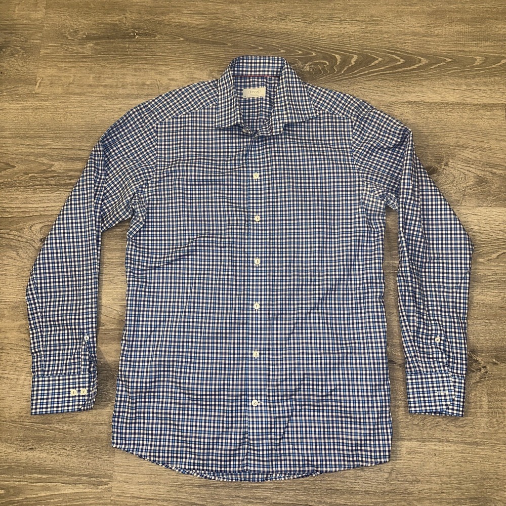 Eton contemporary shirt mens 40 / 15.75 blue check plaid button down long sleeve